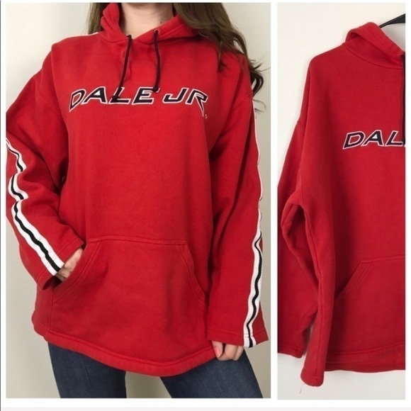 DALE JR. NASCAR Red Hoodie Sweatshirt Striped Lg - Picture 1 of 8